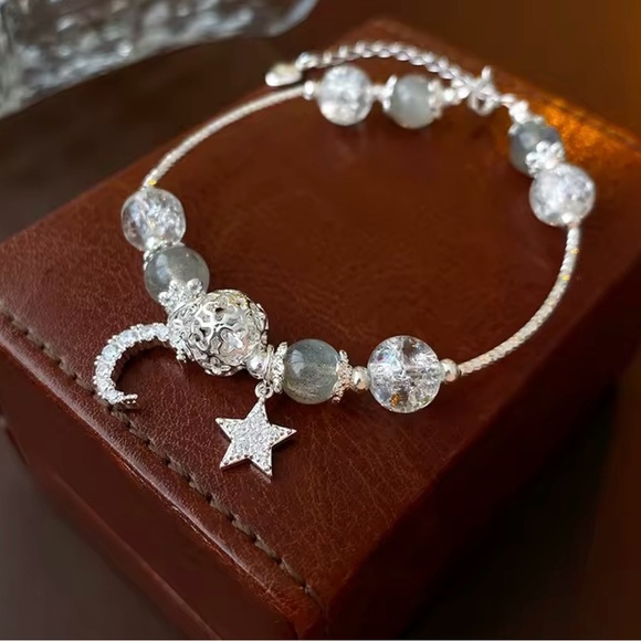 Silver Star and Moon  Charm Beaded Bracelet - Picture 2 of 4